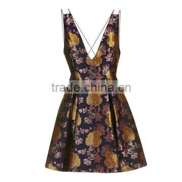 Vintage Royal Jacquard Printed Cross Back Plunge Sleeveless Short Prom Dress photo-6