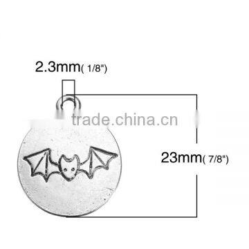 Zinc Based Alloy Halloween Charms Bat Animal Antique Silver Message " Fly By Night " Carved 23mm x 20mm photo-2