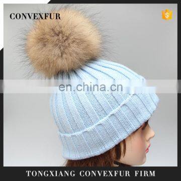 Light blue striped crochet hats genuine raccoon fur ball knit beanies winter hats for lady