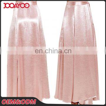 2016 Fashion Design Custom Casual Pink High Waist Skirts Latest Stain Ladies Maxi Long Skirt