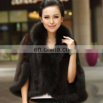 China factory wholesale knitted mink fur poncho with fox fur trim