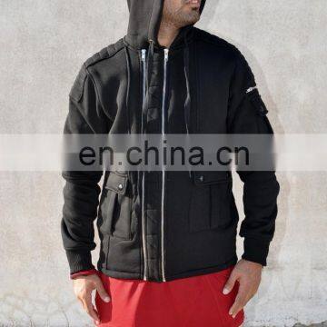 Dark Black Quilted Zip Biker Long Sleeve Cinch Belt Hoodie