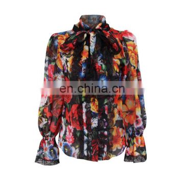 Women shirt Sexy Print Long Sleeve  Casual Turtleneck Lace Up