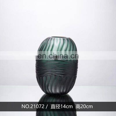Nordic Cylindrical Corrugated Ripple Green Glass Flower Vase For Home Decor Decoration photo-4