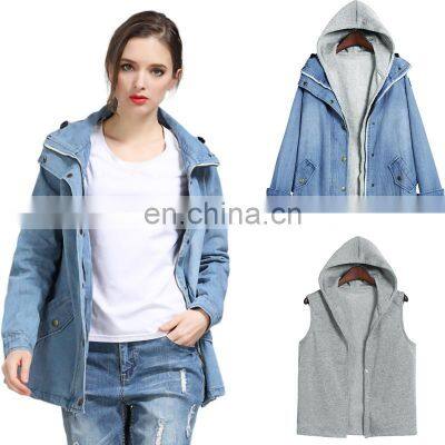 wholesale custom 2 Pieces Matching Clothes Woman Vest & Jacket Winter Warm Collar Hooded Coat Jacket Denim Trench Parka Outwear