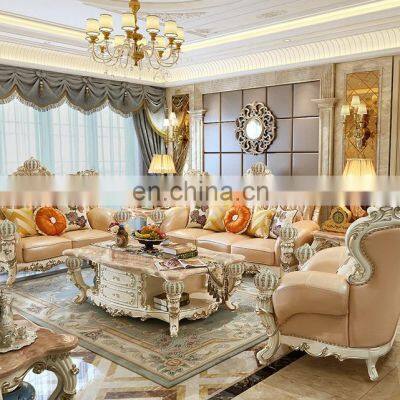 French style fabric and leather wooden sofa furniture antique classic sofa set living Room