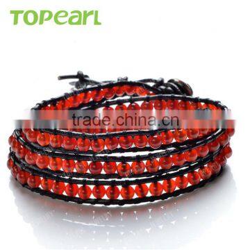Topearl Jewelry Red Agate Bracelet Woven Leather Wrap Jewelry Bracelet CLL169