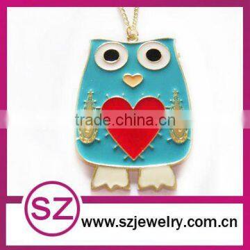 Lovely light blue owl with red heart enameled pendant necklace