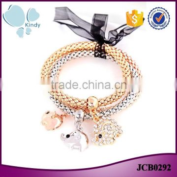 Latest design fashion gold plated jewelry zinc alloy rhinestone elephant charm bracelet