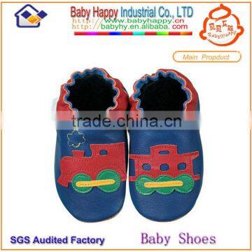 wholesale soft sole cotton lining train pattern navy blue genuine leather baby leather shoes