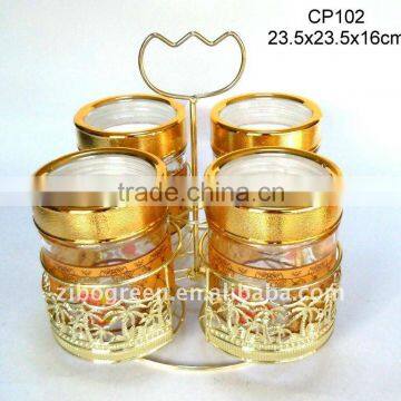 4pcs round glass jar with printing with golden turning rack(CP102)