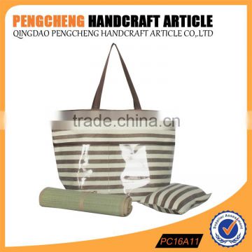 Polyester material stripe beach bag containing pillows and mat