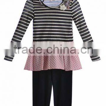 Fall cotton clothing giggle moon remake outfit stripe clothes baby school girl garment