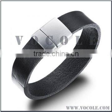 Black genuine leather bangle magnetic buckle stainless steel jewelry