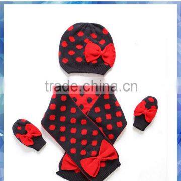 spotty knit baby winter hat scarf glove set with red bowknot