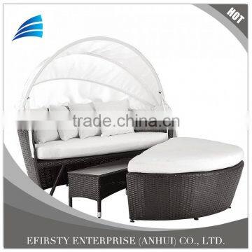 Rattan Round Daybed Lounger with Table and Ottoman, Garden Patio Daybed Sofa with Canopy