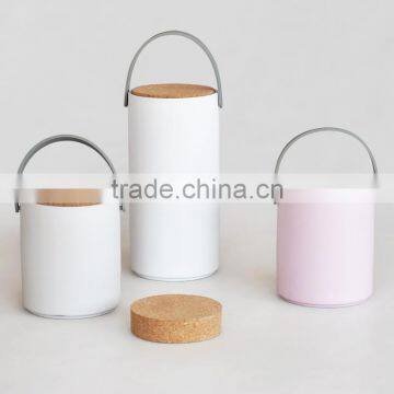 ceramic cylindric galze canister with wooden cork and PC handle, ceramic canister