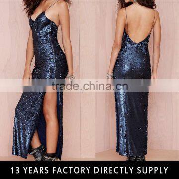 Full Sequin Side Split Low Back Sexy Sleeveless Strap Shoulder Maxi Dress Evening Dress 2016