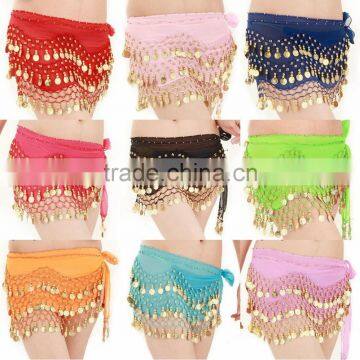 Wholesale cheap women chiffon belly dance hip belts golden coins belly dancing hip scarves