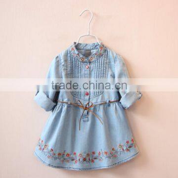 round collar denim dress with embroidery for baby girl