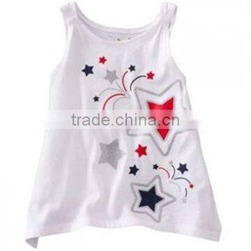 2014 new summer girls white sleeveless t shirts wth white star pattern t shirts kids tops