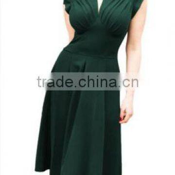 hot sale green v neck vintage women dress knee length rockabilly dress cap sleeve classic summer dress women