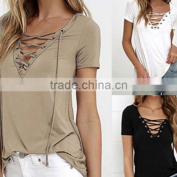 Women Short Sleeve Top Fashion Black Lace Up V Neck Print Striped Sleeve T-shirt