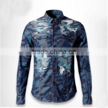 2016 Camouflage style men washed denim casual shirt