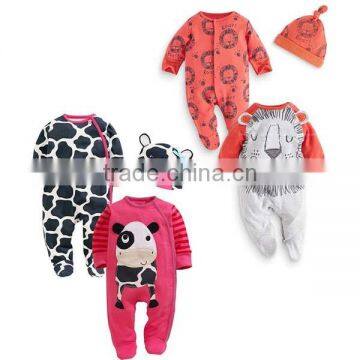 2016 spring bodysuit 3pcs cartoon animal long sleeve baby romper with hat