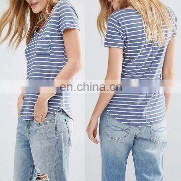 Bulk Wholesale Clothing Custom Women Elongated Extended Wholesale Striped T-shirt