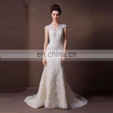 Sweet and lovely V neck hollowed - out back mermaid high quality lace wedding dress
