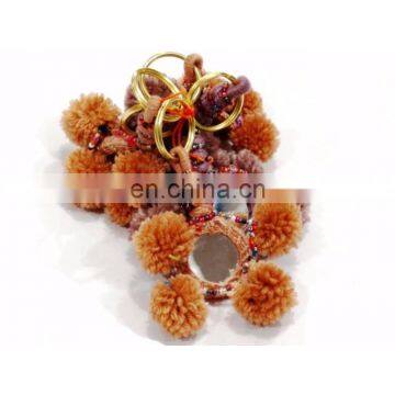 Pom Pom Indian Key Chain Handmade Crafted 5 PC's Lot Boho Look Retro Brown