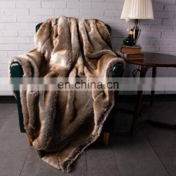 Luxury Fluffy Reversible Warm Tan Grey Printed Faux Fur Minky Fleece Throw Blanket photo-2