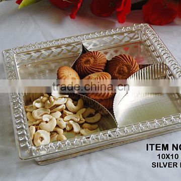 Cookies And Dry Fruit Iron Serving Tray In Square Shape With Silver Finish