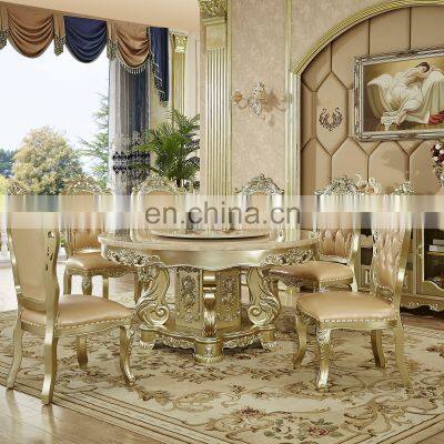 Classic Marble counter top Luxury 6 people hand carved wooden dining room furniture dining tables