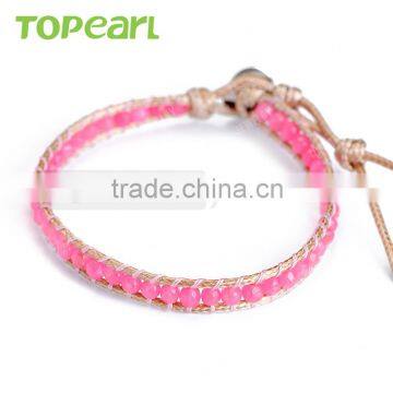 Topearl Jewelry Pink Agate Handmade Beaded Single Wrap Charm Bracelet CLL04