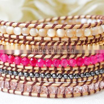 Gold plated Stripe Leather Bracelet with colorful beads