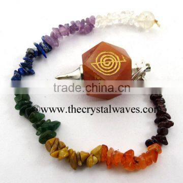 Red Aventurine Cho Ku Rei Engraved Hexagonal Pendulum With Chakra Chips Chain