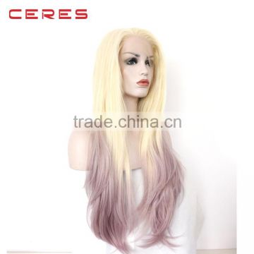 Ombre Blonde to Taro Color Synthetic Hair Lace Front Wigs for Women Long Straight Heat Resistant