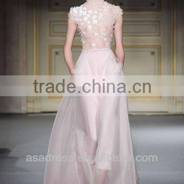 Elegant Organza Cap Sleeve Appliqued Designer High Collar European Designer Evening Dress (EVGH-1008)