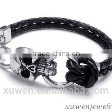 high quality wholesale black leather bracelet skull