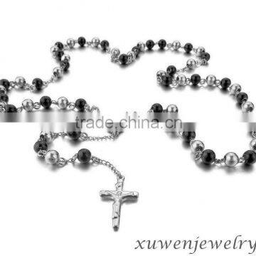 black plated stainless steel mens beaded necklaces with cross