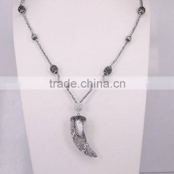 Snakeskin Pattern Horn Pendant Necklace, Pave Crystal Beads Hematite Beaded Druzy Necklace