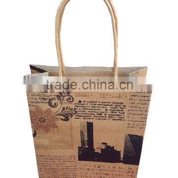 Eco kraft paper gift shopping bag with twist paper handle and news paper design