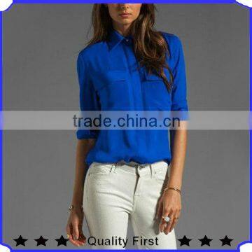 women long sleeve fashion royalblue pearl chiffon shirts, high quality design pearl chiffon blouses 2016 new designs