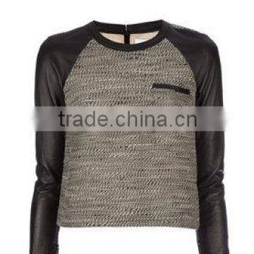 fashion 2014 sweatshirt with leather sleeves custom hooded sweatshirt