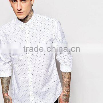 Custom Mini Polka Dot Design Printing Curved Hem Long Sleeve Point Collar Mens 100% Cotton Regular Fit Casual White Shirts