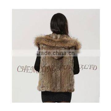 CX-G-B-216 New Style Short Raccoon Fur Trim Knitted Rabbit Fur Coat Hood photo-3