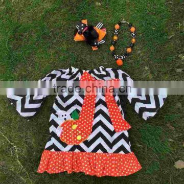 2015 new arrival girl pumpkin dress kids boutique dress halloween dress chervon dress with necklace and bow