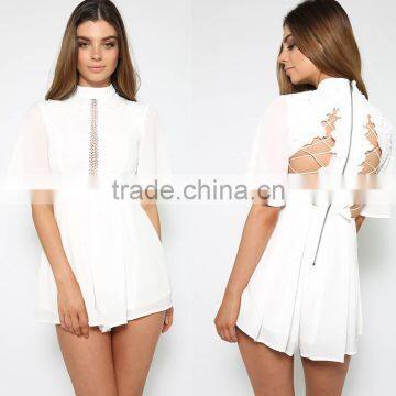 High Neck Lace Zipper Back White Short Jumpsuits Women Chiffon Playsuit photo-2